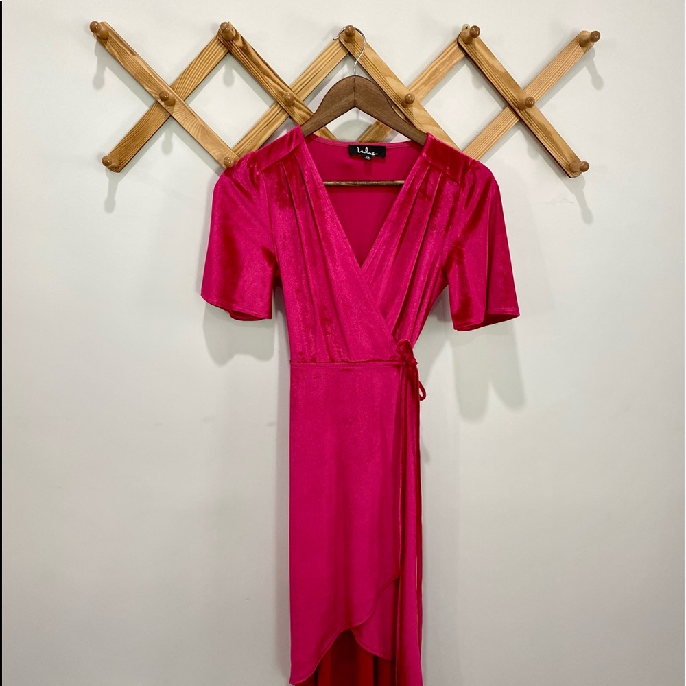 Pink velvet midi wrap dress
